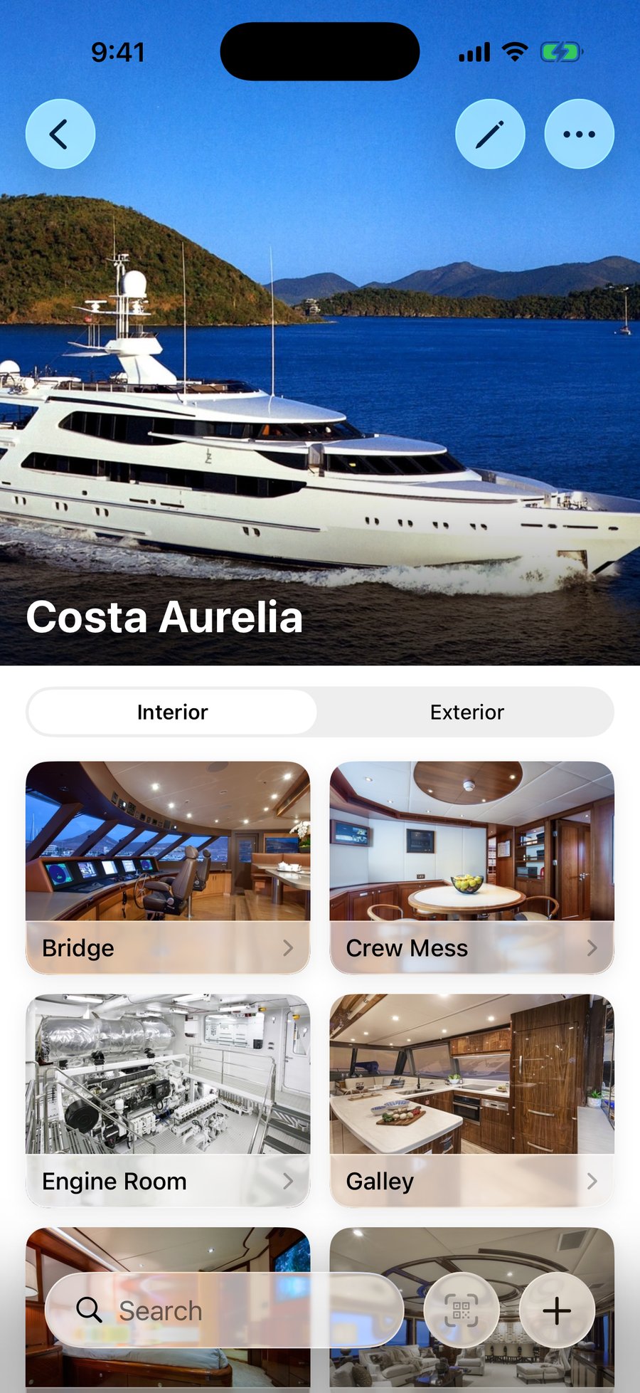 The YachtIn app showing the yacht Costa Aurelia and its locations — Bridge, Crew Mess, Engine Room and Galley