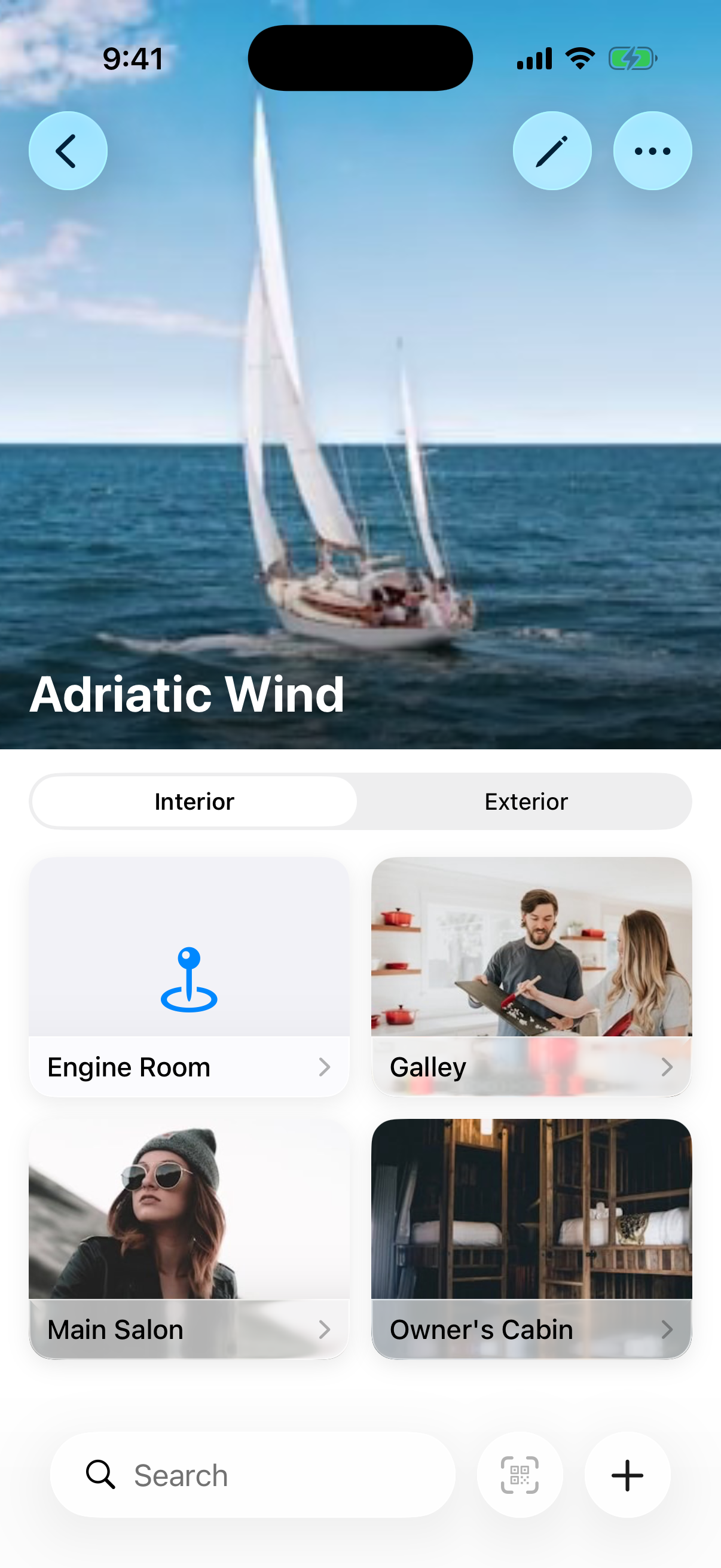 The YachtIn app showing the yacht Adriatic Wind and its locations — Engine Room, Galley, Main Salon and Owner's Cabin